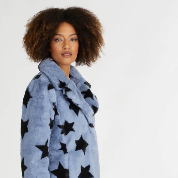 NVLT Star Print Faux Fur Jacket ✨ Blue Size Small - Picture 3 of 13